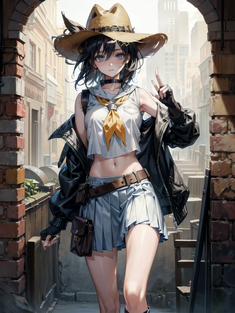 cowgirl costume, vest, cowboy hat, fingerless gloves, midriff, neckerchief, short skirt, holster, absurdres, RAW photo, extremely delicate and beautiful, masterpiece, Best Quality, ultra high resolution, 32k, hyperrealistic, ultra-detailed, perfect figure, tearful mole, earring, whole body shot, short medium hair, wavy hair,