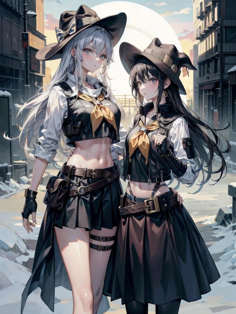 cowgirl costume, vest, cowboy hat, fingerless gloves, midriff, neckerchief, short skirt, holster, absurdres, RAW photo, extremely delicate and beautiful, masterpiece, Best Quality, ultra high resolution, 32k, hyperrealistic, ultra-detailed, perfect figure, tearful mole, earring, whole body shot, short medium hair, wavy hair,