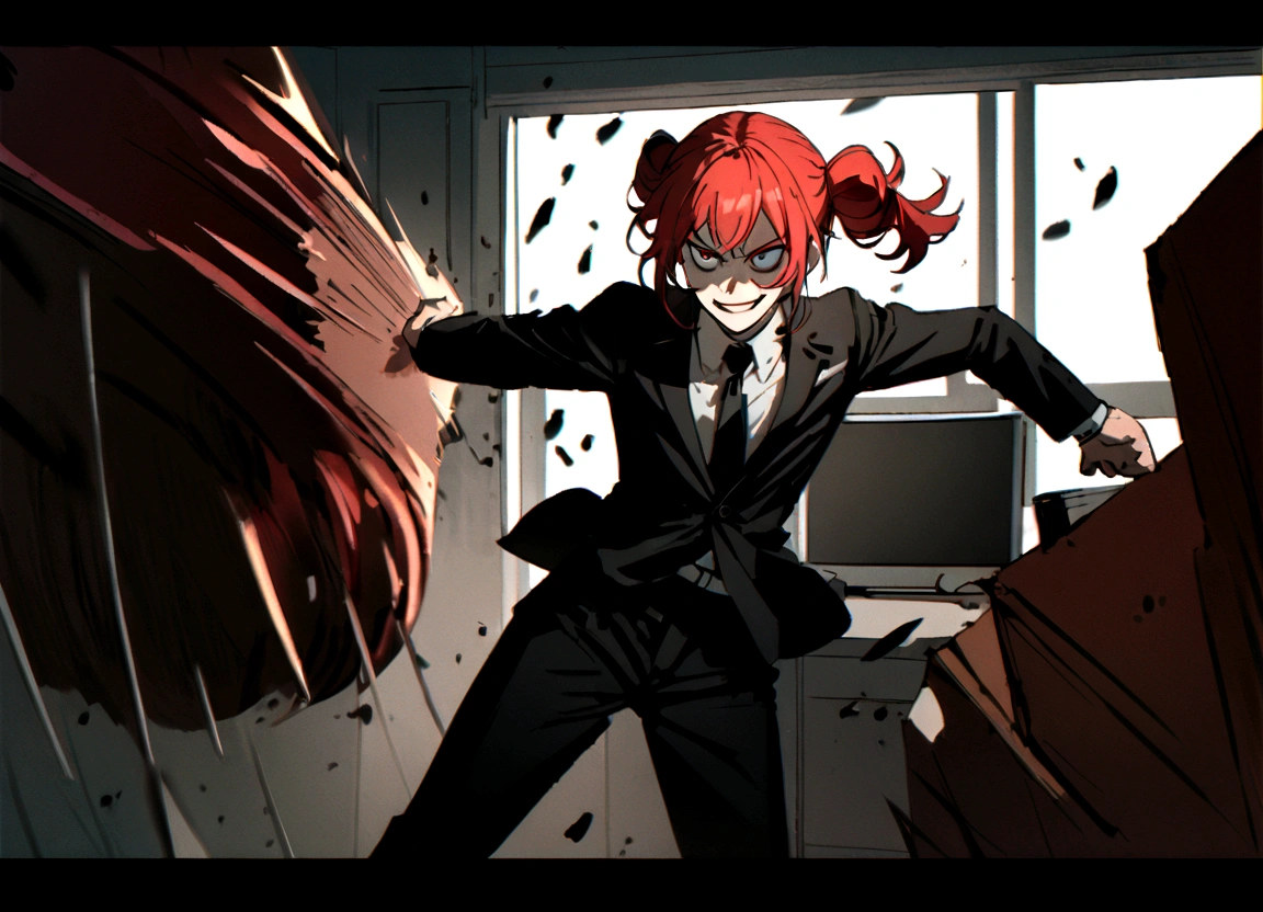 Red hair, black suit, punches, scary smile, office, breaking computers with a hammer,