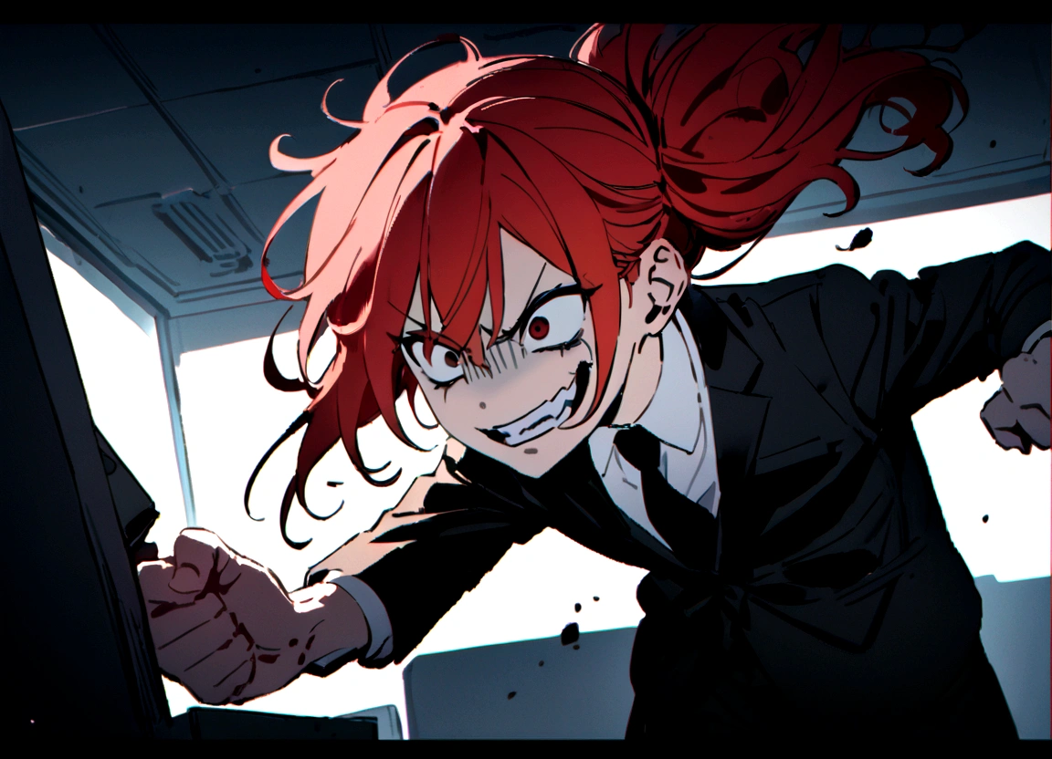 Red hair, black suit, punches, scary smile, office, breaking computers with a hammer,