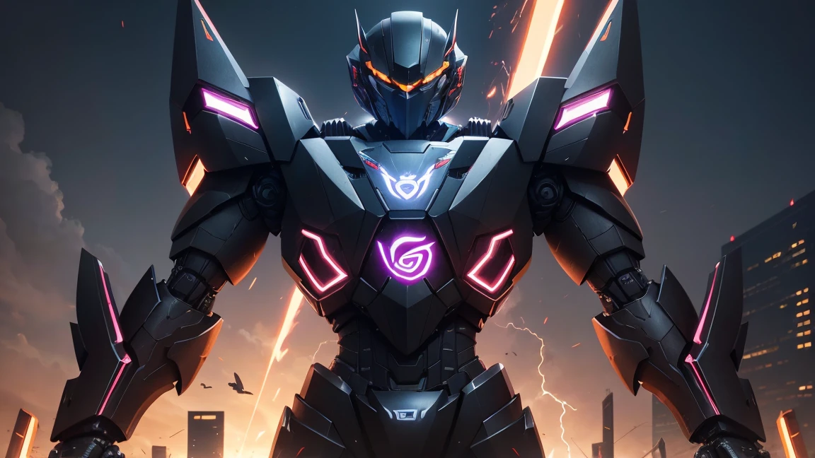 Giant Asus ROG Strix RTX graphics card mounted on the super cool super robot's chest, with Asus logo on the Robot's chest, realistic lighting, graphics card Asus ROG Strix promotional, best quality, best shadow, extremely cool robot