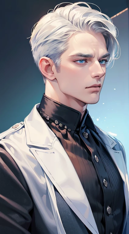 (best quality, masterpiece, 8K, photorealistic, cinematic lighting, 1:4 hdr image, ultra detailed, beautiful image), a mature man, 34 years very handsome, ((cold expression)), short white hair, blue eyes, face perfect without mistakes, ((buttoning his jacket, CEO))