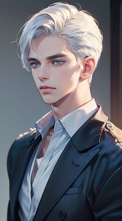 (best quality, masterpiece, 8K, photorealistic, cinematic lighting, 1:4 hdr image, ultra detailed, beautiful image), a mature man, 34 years very handsome, ((cold expression)), short white hair, blue eyes, face perfect without mistakes, ((buttoning his jacket, CEO))