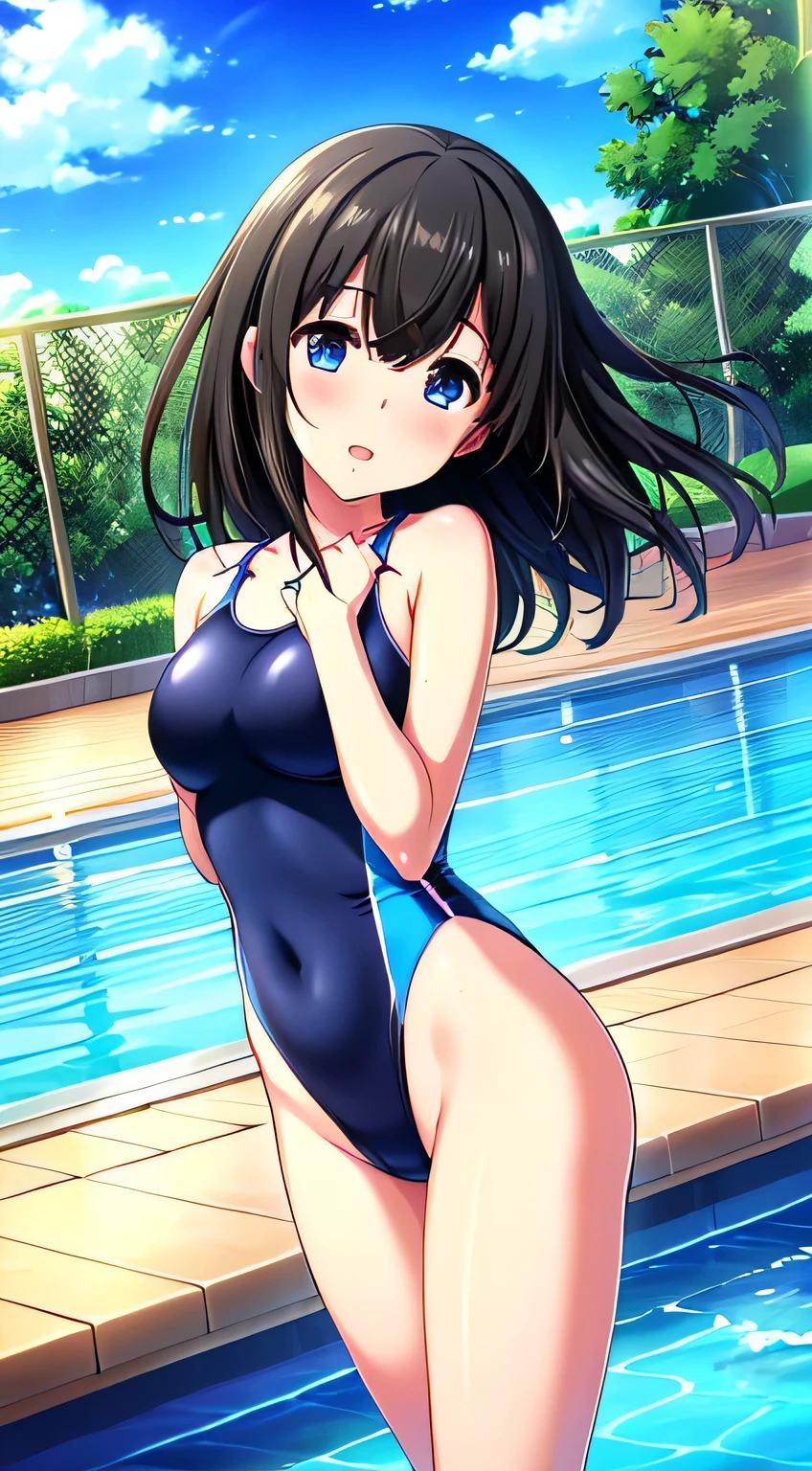 (masterpiece、Highest quality、In 8K、High resolution:1.2)、alone、One Girl、 Fumika Sagisawa、Feeling embarrassed、Look at the viewers、whole body、Transparent competitive swimsuit、Transparent racing swimsuit、Glossy body、Wet body、Daytime、Poolside、Low - Angle