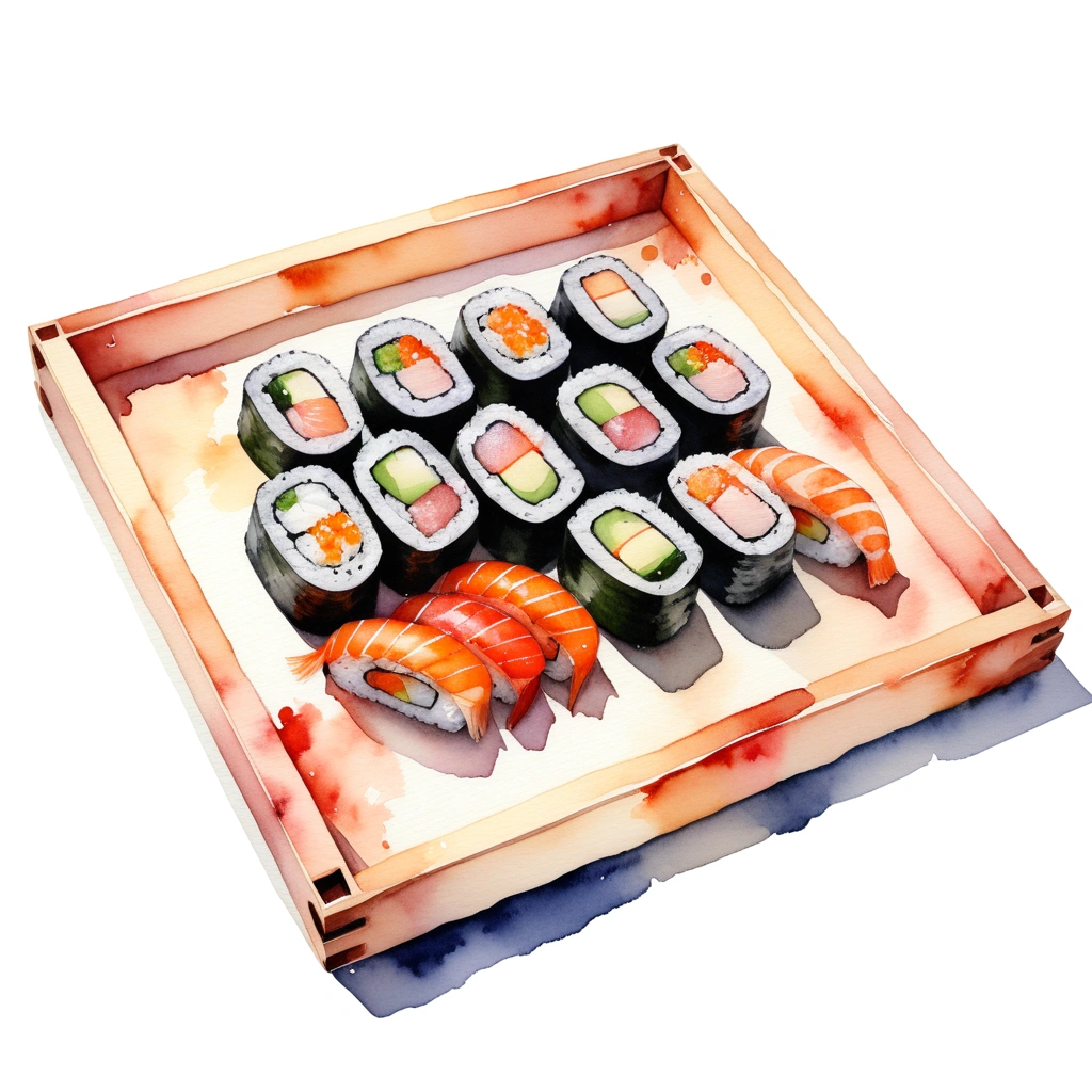 there is delicious sushi, served in a wooden tray, (watercolor), illustration, isolated with solid white background, surrounded with negative space, centered compositon, 8k, highly detailed painting, very precise painting, Isolated, clear brilliant white background, perspective angle of view