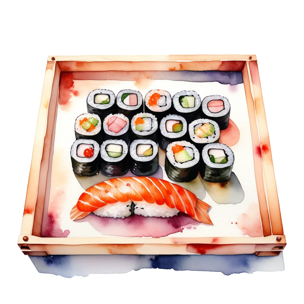 there is delicious sushi, served in a wooden tray, (watercolor), illustration, isolated with solid white background, surrounded with negative space, centered compositon, 8k, highly detailed painting, very precise painting, Isolated, clear brilliant white background, perspective angle of view