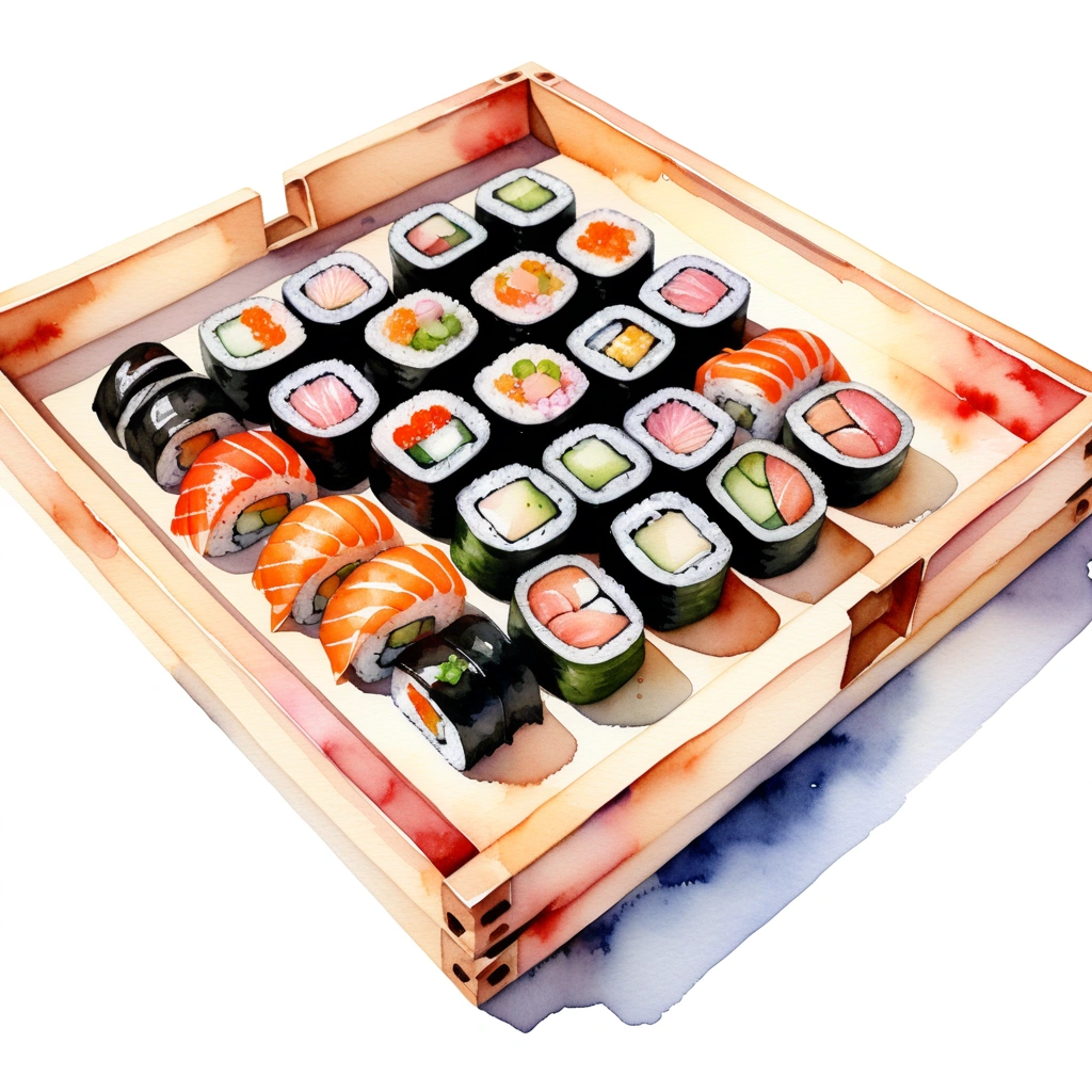 there is delicious sushi, served in a wooden tray, (watercolor), illustration, isolated with solid white background, surrounded with negative space, centered compositon, 8k, highly detailed painting, very precise painting, Isolated, clear brilliant white background, perspective angle of view