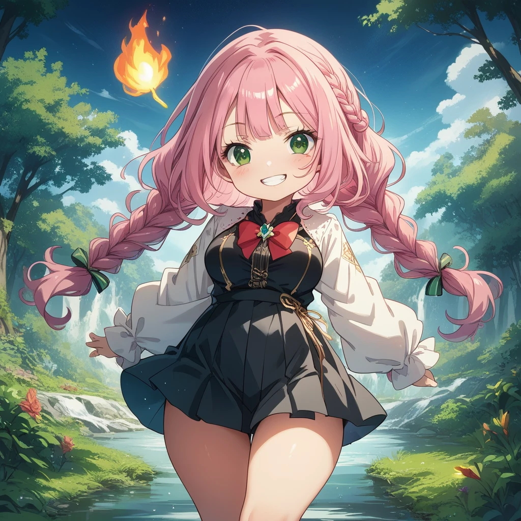 Aria exudes a radiant allure, her pink locks styled in an artful tangle of braided strands that cascade down her supple back like the gentle ripples of a calm lake. The crimson ribbon adorning her hair sparks a flame of passion against her pale skin, contrasting beautifully with the pristine white pleats of her skirt. She stands proud and confident, a delicate lotus blooming amidst the bustling city, drawing envious glances as her lush curves defy gravity in their perfectly tailored attire. Her emerald orbs glimmer with curiosity and wisdom, reflecting the vast expanse of the night sky above, while her rosebud lips curve in a coy grin, beckoning the bold and fearless alike to venture closer and lose themselves in the depths of her captivating gaze.

(masterpiece), best quality, expressive eyes, perfect face, Pink Hair, Long Hair, Braided strands, Red Ribbon, Elegant, Japanese Influences, Black Short Dress, White Pleated Skirt, Black Top, Red Bow, Curvy, Busty, Big Green Eyes, Cat Eyes, Innocent Facial Features, Blush, Cute Face, Playful Smile, short stack, 32B/24W/34H, 