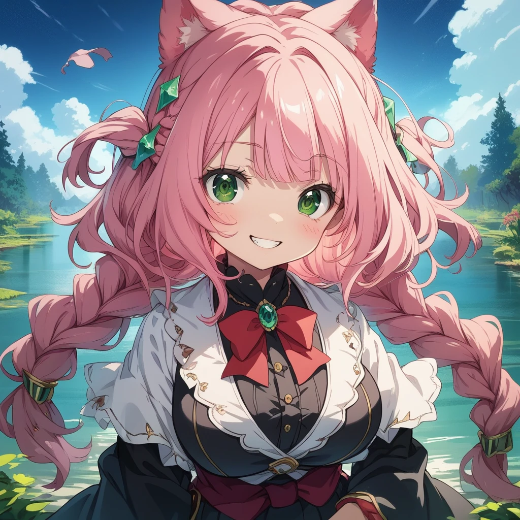 Aria exudes a radiant allure, her pink locks styled in an artful tangle of braided strands that cascade down her supple back like the gentle ripples of a calm lake. The crimson ribbon adorning her hair sparks a flame of passion against her pale skin, contrasting beautifully with the pristine white pleats of her skirt. She stands proud and confident, a delicate lotus blooming amidst the bustling city, drawing envious glances as her lush curves defy gravity in their perfectly tailored attire. Her emerald orbs glimmer with curiosity and wisdom, reflecting the vast expanse of the night sky above, while her rosebud lips curve in a coy grin, beckoning the bold and fearless alike to venture closer and lose themselves in the depths of her captivating gaze.
(masterpiece), best quality, expressive eyes, perfect face, Pink Hair, Long Hair, Braided strands, Red Ribbon, Elegant, Japanese Influences, Black Short Dress, White Pleated Skirt, Black Top, Red Bow, Curvy, Busty, Big Green Eyes, Cat Eyes, Innocent Facial Features, Blush, Cute Face, Playful Smile, short stack, 32B/24W/34H,