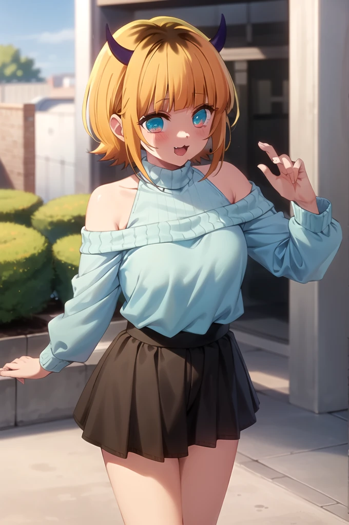 Best and highest quality, masterpiece, detailed,
memcho,
Open your mouth, A slight blush, :3, smile,
short hair, Blonde, Multicolored Hair, Aqua Eye, Blunt bangs, horn,
(Blue sweater:1.2), Black Shirt, Bare shoulders, Black Skirt, I tucked in my sweater.,
Are standing, Looking at the audience,
(Day:1.2), garden, Outdoor,

nsfw,(nipples peek:1.1)
