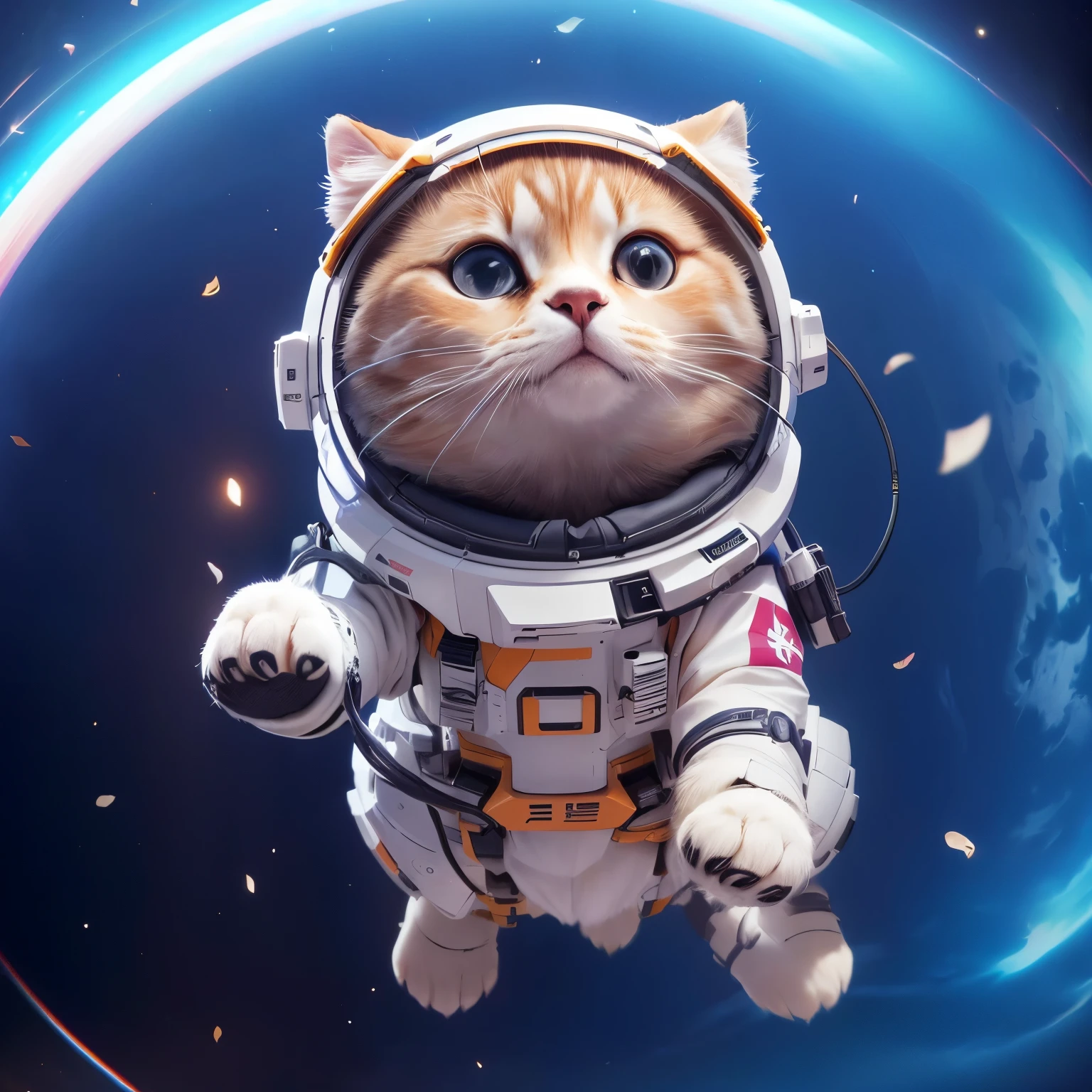 There&#39;s a cat in a space suit floating in the air, Astronaut Cat, Golden gradation cat，Space suit blowing air，charging forward
