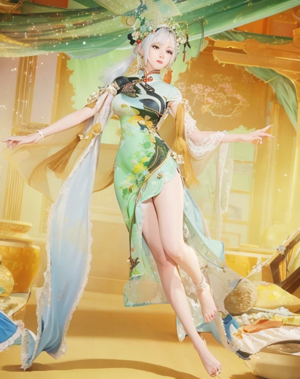 8K, 1.4 times more realism,Ultra HD, High Detail, Super eye details,cheongsam,White hair,Long legs