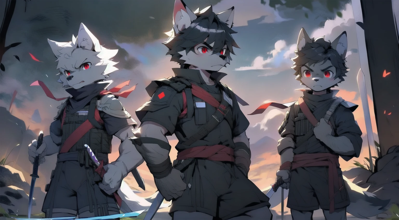 White Wolf,black hair,Red eyes,Wolf ears,Wolf Tail,juvenile,male,hairy,Hair,Half body armor,Combat uniform,Silver and black clothing,Handsome,Handsome,shorts,The forearm is exposed,leg,Fighting Stance,Duel,Two people,Anxious,Armed with a sword,Simple background,Swords
