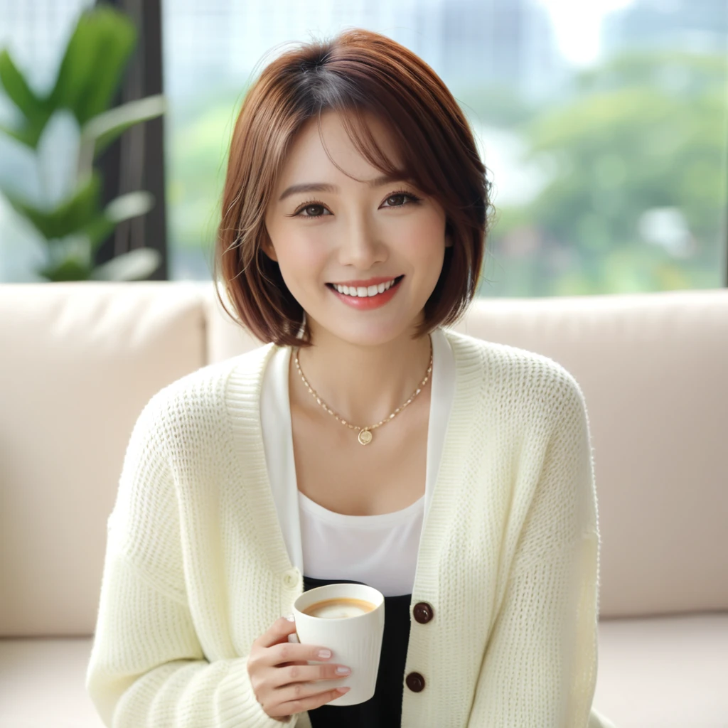 Close up of beautiful Korean woman, 32 inch chest size, Wearing a cardigan with a blouse, short medium hair, Smile. necklace, sit on the sofa and drink coffee, porcelain coffee cup, bokeh background, uhd