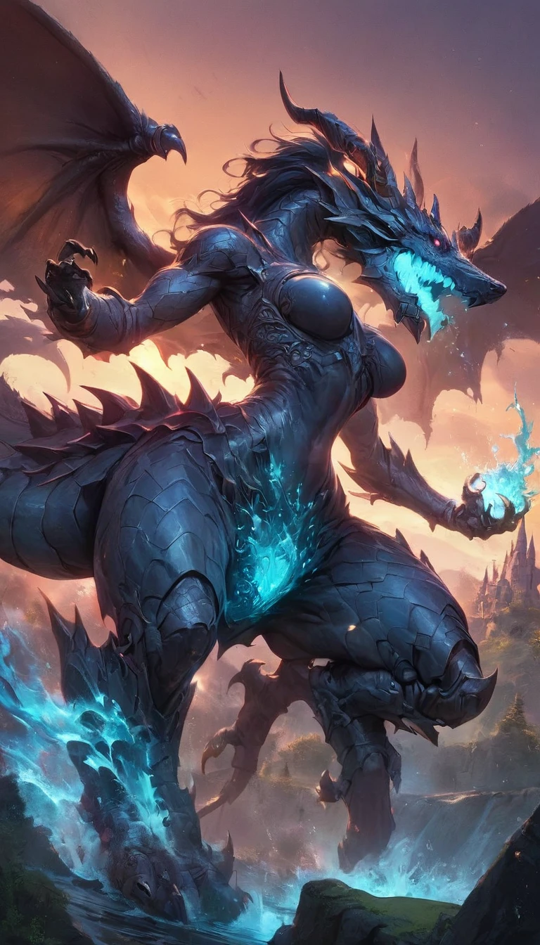 best quality,4k,8k, highres, masterpiece:1.2), ultra-detailed, extremely detailed eyes, extremely detailed body, (large masterpiece digital art), (detailed manga illustration), (detailed line art), ((perfect anatomy)), (intricate details:1.3), (ultra-detailed:1.3), (illustration:1.3), (sharp focus:1.3), (natural lighting:1.05), (vivid colors:1.3), (masterpiece), (best quality:1.4), (perfect anatomy:1.4), high quality, expressive eyes, 1 girl, breast, animal focus, bracelet, claws, dragon, magic energy, full body, gold eyes, slit pupils, horns, gold horns, dragon horns, demon horns, jewelry, monster, giant monster, no humans, open mouth, scales, fur, black fur, sharp teeth, solo, tail, teeth, sharp teeth, wings, outdoors, black scales, river, scales, scenery, sky, sunset, western dragon, yellow sky, ice, ice crystals, fire, blue fire, lightning, red lightning, elemental aura, particles, glowing particles, Jeff Bridges, ((cartoon style)), Marvel Cinematic Universe style, (((hell castle in the background))), soft bokeh of hellscape, Atey Ghailan, Jeremy Mann, Greg Manchess, Antonio Moro, trend in ArtStation, trend in CGSociety, Intricate, High Detail, Sharp focus, dramatic and photorealistic painting art by Midjourney and Greg Rutkowski,