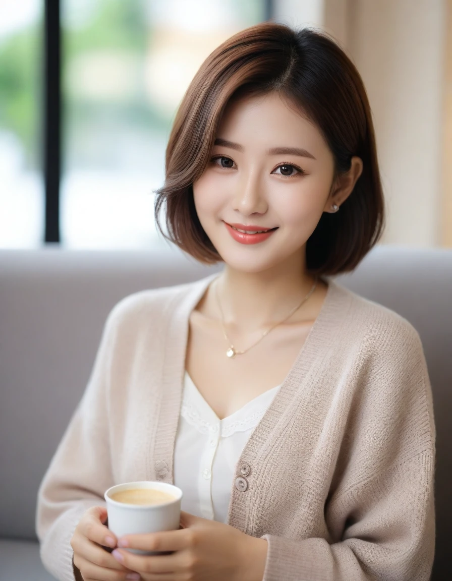 Close up of beautiful Korean woman, 32 inch chest size, Wearing a cardigan with a blouse, short medium hair, Smile. necklace, sit on the sofa and drink coffee, porcelain coffee cup, bokeh background, uhd