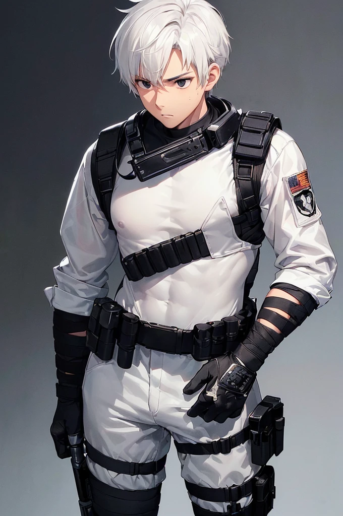 (masterpiece; best quality: 1.2), (finely detailed eyes: 1.3), ((25 year old man)), ((solo)), (black eyes: 1.4), (body; wiry, fit, masculine: 1.3), (short white hair: 1.3), (beautiful and clear background: 1.2), ((depth of field)), (equipment: spec ops full black tactical gear + black gloves + holstered gun + pouches: 1.3), (anime illustration: 1.2), (background composition; military base office: 1.1), (extremely fine and handsome: 1.1), (shot composition; standing + centered on torso + close-up: 1.5), (expression; calm, stoic: 1.2)