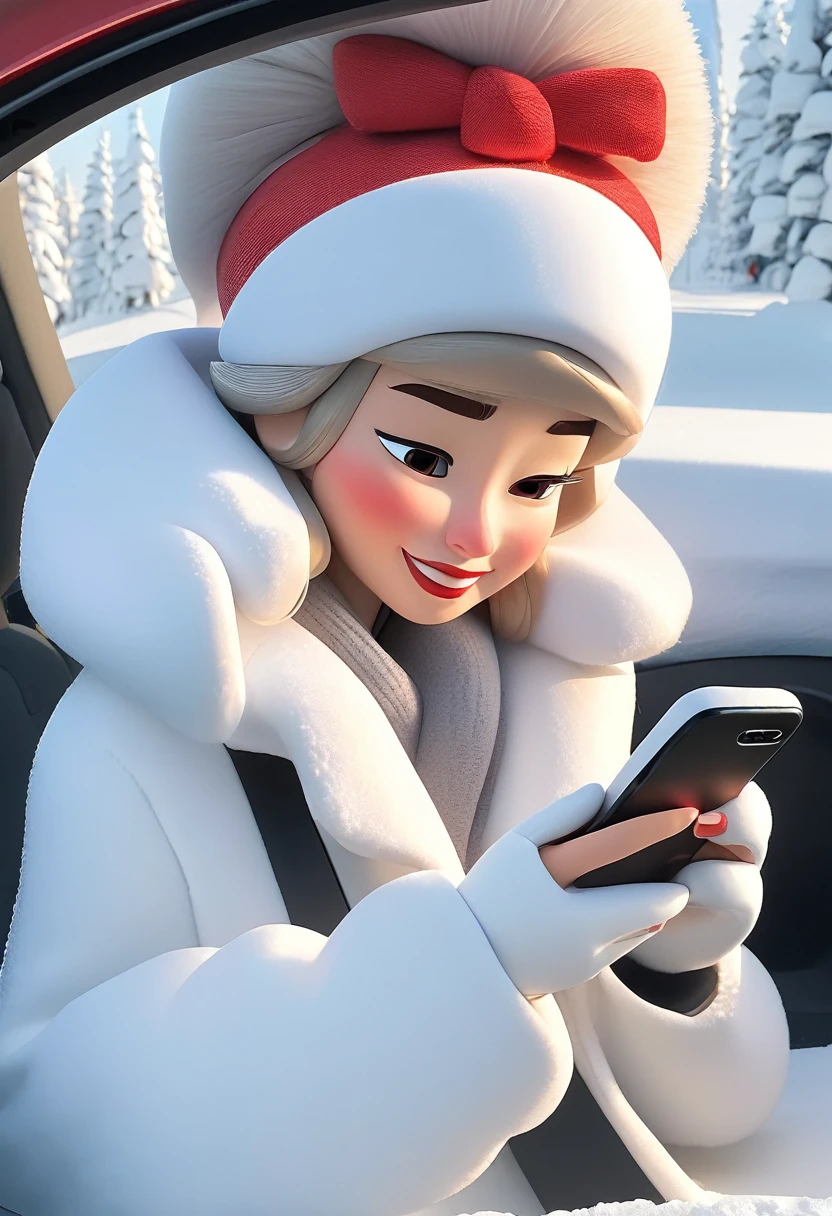 Snow woman looking at her smartphone Inside the car
