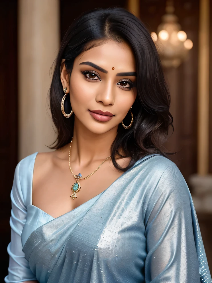 Create an ultra-realistic image of a modern, attractive female influencer of Indian descent, aged between 27 to 30. She should have a warm and inviting smile with a big laugh, expressive almond-shaped eyes with a slight shimmer, and clear, glowing skin with a medium brown complexion. Her features should be well-defined, with high cheekbones and a sharp jawline. Her hair should be a vibrant, warm red, styled in a bob with loose waves for a relaxed yet stylish look.

She should have a slender yet athletic build, reflecting a healthy and active lifestyle. Her bust size should be medium (40-42 inches), offering a balanced and proportionate look. She is wearing a royal blue silk saree paired with a silver sequin blouse, which highlights her elegant and sophisticated appearance. The saree should drape gracefully, adding to her regal aura.

Her outfit is completed with stylish accessories, including subtle yet chic jewelry, such as small hoop earrings and a few thin bangles. The background should feature a majestic palace or heritage building with intricate architecture, adding a touch of grandeur and history to the scene. The overall color scheme should include dark blue accents, enhancing the depth and elegance of the setting.

Her overall appearance should exude confidence, approachability, and sophistication, capturing the essence of a contemporary Indian fashion influencer.