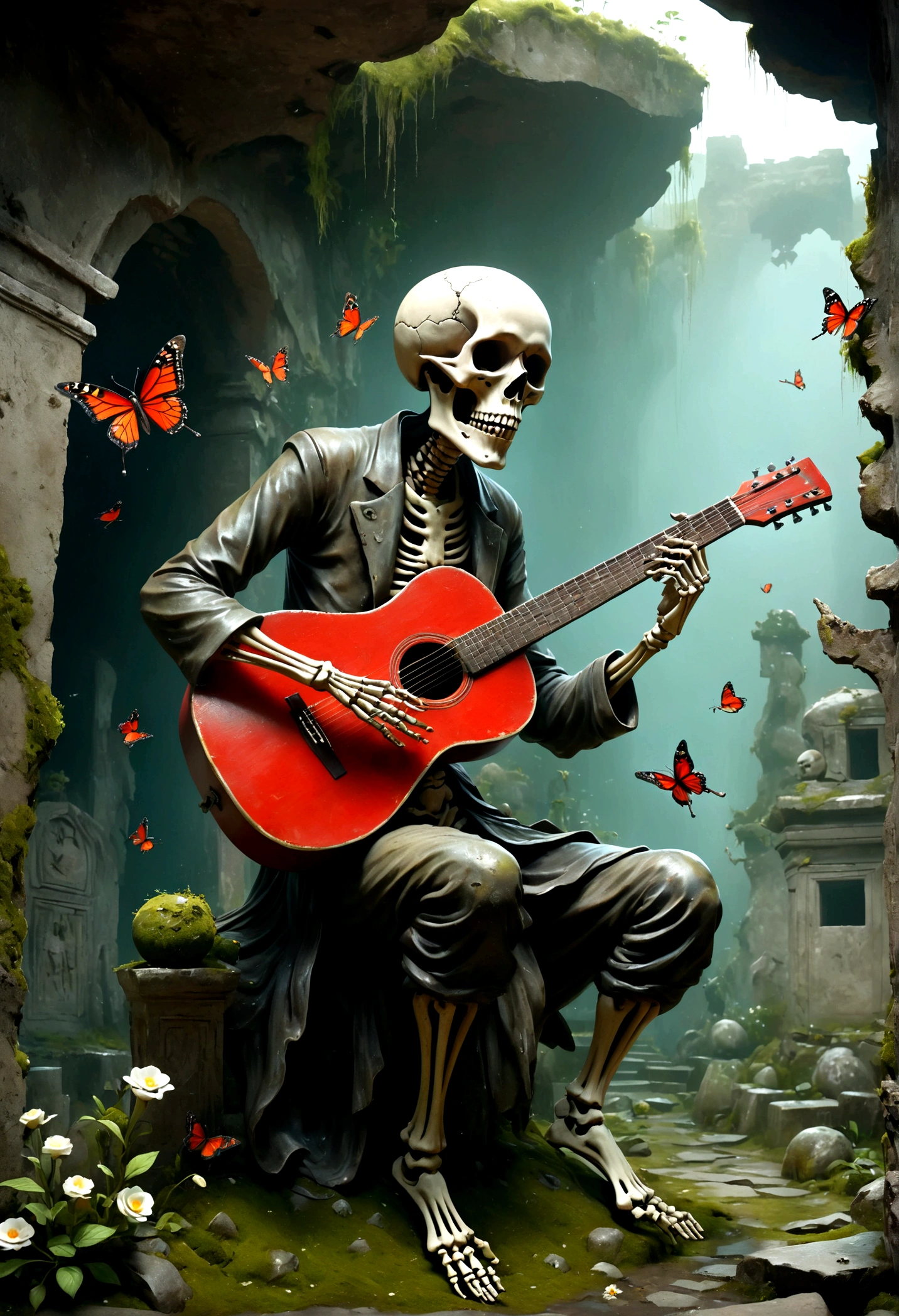Skeleton statue playing guitar, melancholic, Desolate, Mossy, Dilapidated, dirty, (Highest quality,4K,8K,High resolution,masterpiece:1.2),Super detailed,(Realistic,photoRealistic,photo-Realistic:1.37),Dark fantasy,strict,Moody lighting,Dramatic Shadows,Cinematic,Moody color palette,Calm colors,Grunge,Corrupt,Weathered,Shabby,small white flowers,Ancient Chinese Tombs,Dungeons,Grave,Black Red,There is a broken bowl in front.,Trail,stage,vine,rainwater,swarm of glowing butterflies,A group of transparent wandering souls, Soul Wild Ghost,look up