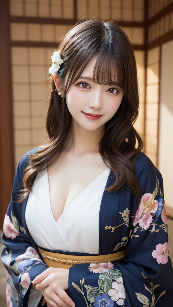 whole body, highest quality, figure, Very detailed, In detail, High resolution, 8k wallpaper, Perfect dynamic composition, Beautiful fine details, kimono,Medium Hair, Center of chest, Natural color lip, Random sexy poses,smile,Japanese-style room,Flower Hair Ornaments,
