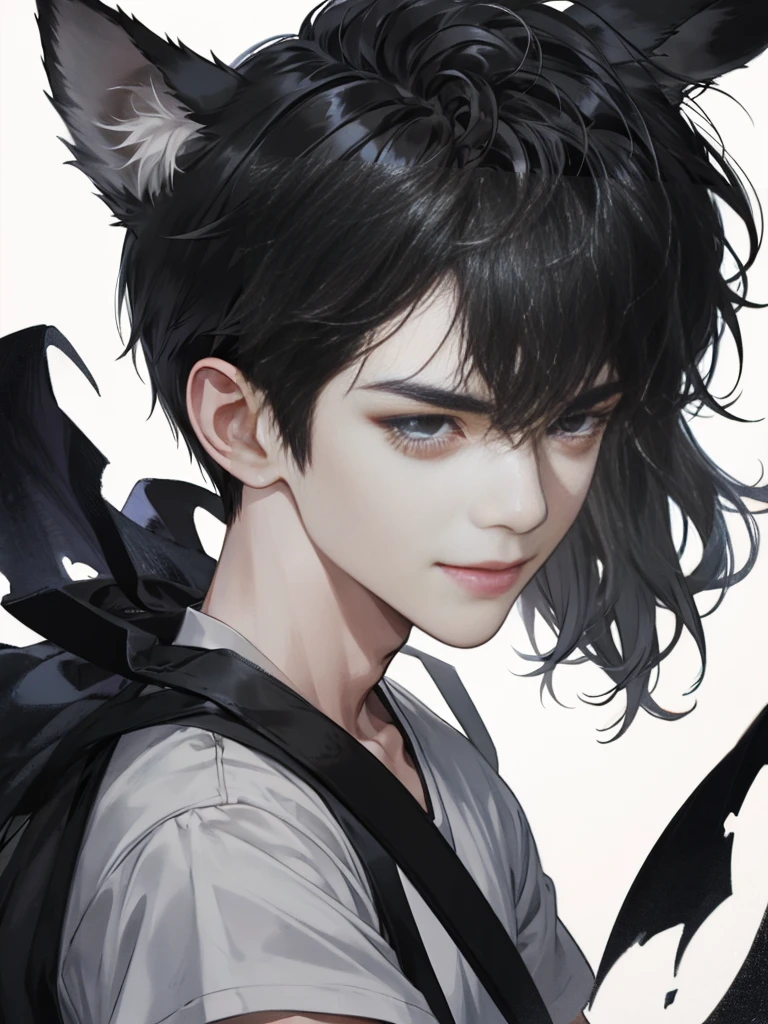 modern, anime style, chiaroscuro, UHD, masterpiece, anatomically correct, textured skin, high details, super detail, best quality, (extreamly delicate and beautiful:1.2), 8K, (tmasterpiece, best:1.0), One male that very short black hair, short black Quiff hair with Soft Fringe, bangs part on side 5:5 ratio, wearing a loose rock-style grey and blackShort sleeve, thin, (sports style), Looking to the right, displaying a sly smile, Korean illustration style, Wolf ears.