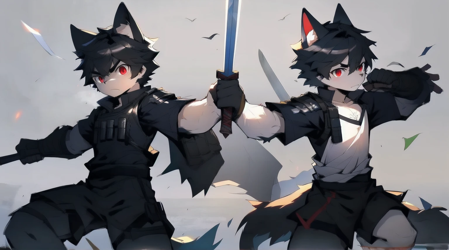 White Wolf,black hair,Red eyes,Wolf ears,Wolf Tail,juvenile,male,hairy,Hair,Half body armor,Combat uniform,Silver and black clothing,Handsome,Handsome,shorts,The forearm is exposed,leg,Fighting Stance,Duel,Two people,Anxious,Armed with a sword,Simple background,Swords