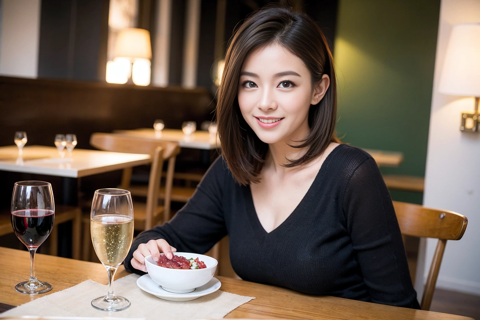((Highest quality、8K、masterpiece:1.3))、cute、slimカップル、modelカップル、(Realistic, Intricate details:1.2), full-course dinner、Wine Party、Amazing view of the sunset sky and clouds、A bright smile、The wonderfulness of smile、Bright image、The beauty of wine, Beautiful Face, blue eyes, The light shines on your face, Blushing, short hair,Bright Face、 (Age 43), 39 years old, red wine 、Appetizers、Italian food、Wine bottle、Champagne、sparkling wine、Two beauties、Brown Hair、Shortcuts、Long sleeve shirt、dress、Beautiful woman 1, (slimな顔), (The body is slim), (Brown Hair), (Shortcuts), cheeks turn a little red,Attractive beauty、restaurant, In a prominent place (From the waist up) Nova Frog Style, actress, model, Upper Body, White wine, slim, wine glass, 中央に置かれたwine glass, smile, (smile: 1.15), Beautiful fine grain, Depth f/2,saturation, High Contrast, Strong light and shadow,Moist Body:1.5、3D texture、Delicate eyes、Brown Hair、The hair is very shiny、