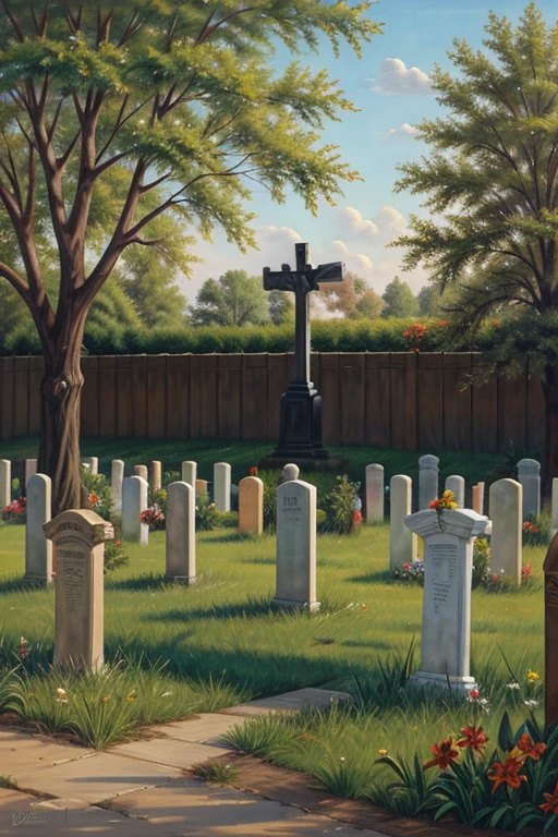 Oil painting of a cemetery fence with a key. Masterpiece.