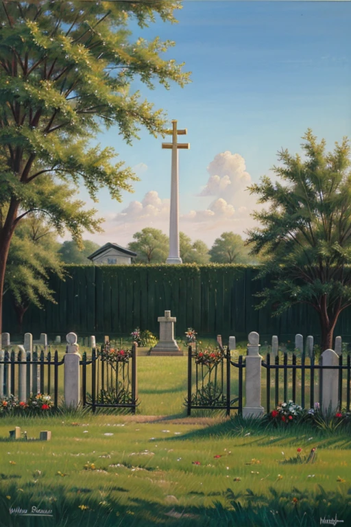 Oil painting of a cemetery fence with a key. Masterpiece.