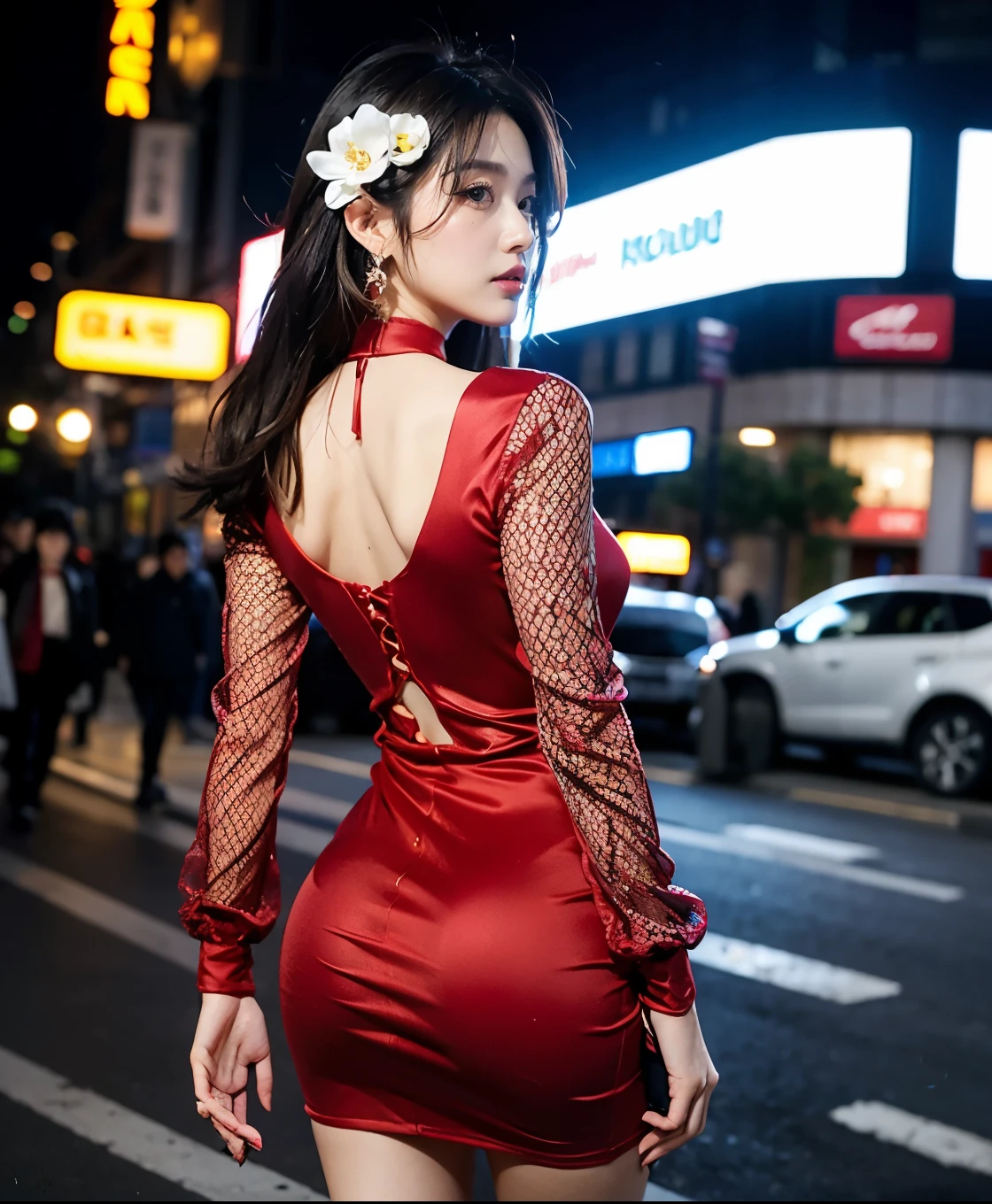 8K，masterpiece，RAW photos，best quality，Detail：1.2），hentale realism，Highly granular CG integration 8k，8K，diamonds and wallpapers，depth of field picture film light，Lens Flash，light tracking，（Very pretty look，beautiful lips，beautiful eyes），A face with intricate details，（（highly detailed skin））1 girl，Korean Female Model，어둠 속의 어두운 night，deep shadows，pretty korean girl，kpop idol，（Very slim and slender muscular body：1.3），（View audience），（tight miniskirt），（red dress），（injection sleeve），（도시의 night，（neon sign），（night），Beautiful Korean girl earrings，wristband，choker necklace，Lace-up pantyhose，clear eyes，walk，（pale skin），facing forward，（big eyes），（（Upper body shot）），tight clothing.，silk dress，Lace-up dresses，see through dress，turn around，rear shot，very slim，slander，slander, Crowded streets in New York:1.3