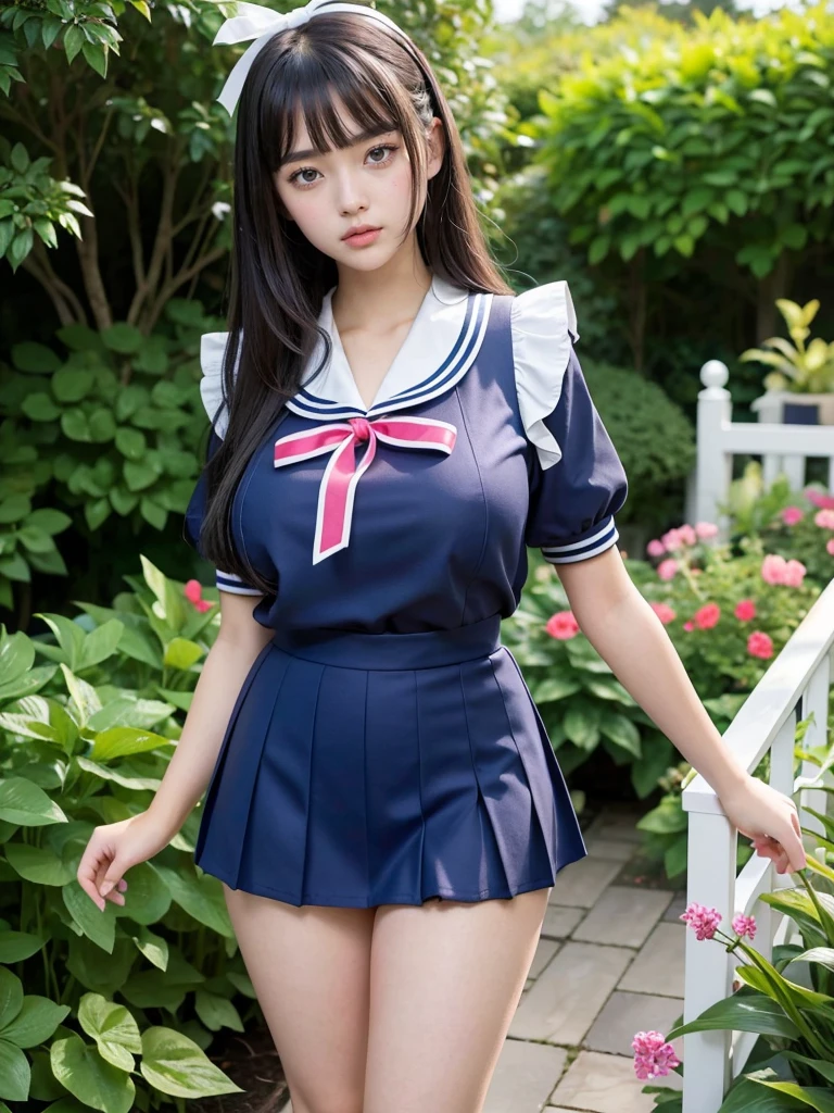 Junior high school girl standing,Beautiful Face,Ultra HD,From the thigh up,garden,slim,Sailor suit,Not wearing a mini skirt,Ribbon on chest,Ribbon in hair,Beautiful woman with huge breasts,Thick thighs