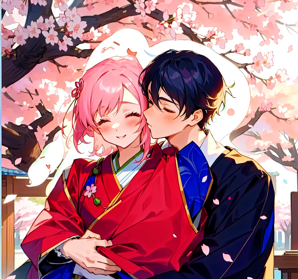 Cartoon couple in traditional costumes hugging under cherry blossom tree, Sasura, Cherry Blossom Season, Sakura Haruno, Nixon and Sakimchan, Kiss cutely, Goto Koharu, Anime Cover, Ghost Festival, Pixif, Cute couple, Official Fanart, Japan, Happy!!!, trending on Pixif