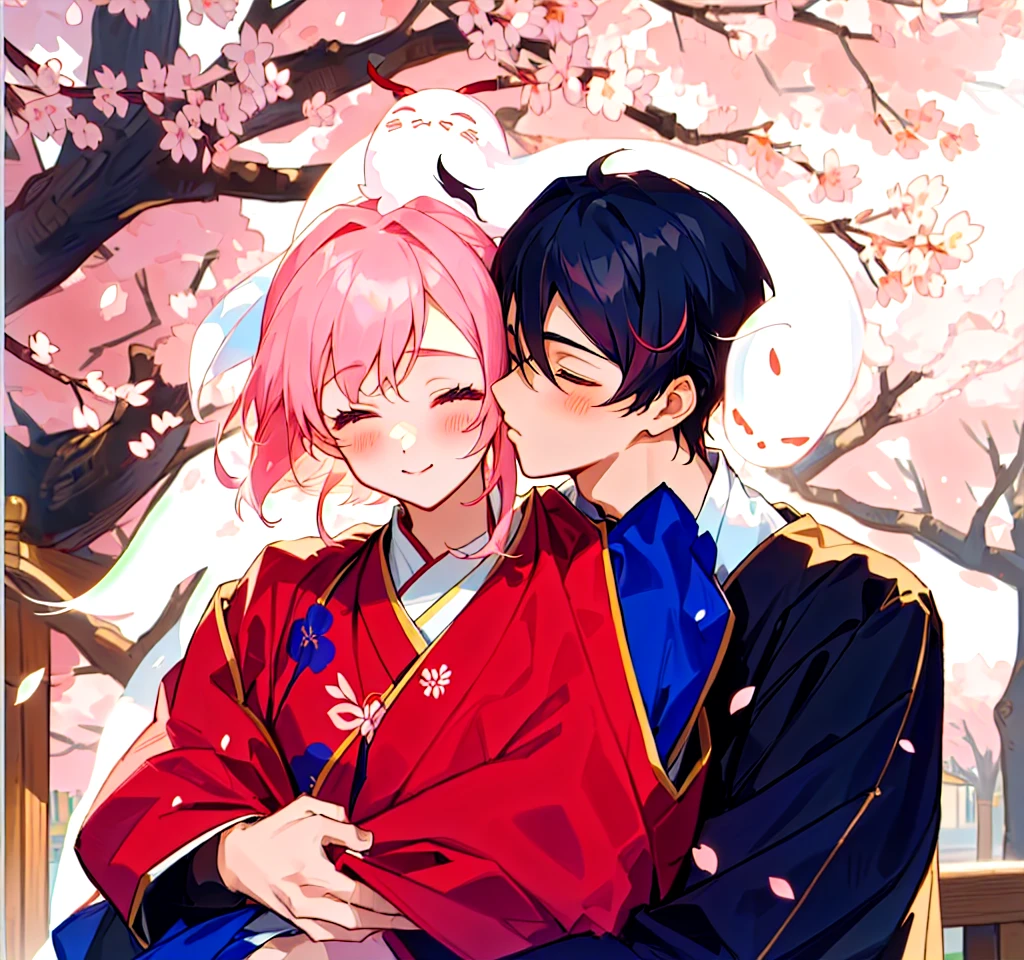 Cartoon couple in traditional costumes hugging under cherry blossom tree, Sasura, Cherry Blossom Season, Sakura Haruno, Nixon and Sakimchan, Kiss cutely, Goto Koharu, Anime Cover, Ghost Festival, Pixif, Cute couple, Official Fanart, Japan, Happy!!!, trending on Pixif