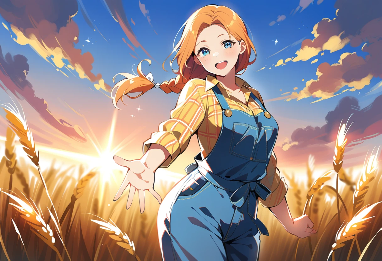 sparkle, sunbeam, light rays, pewarnaan character, visual illustration, @ANN, aged up, 1girl, solo, (overalls), outdoors, sky, wheat, field, (blue overalls), smile, blue eyes, wheat field, looking at viewer, breasts, long sleeves, yellow shirt, orange hair, cowboy shot, collarbone, collared shirt, cleavage, denim, upper teeth only, blonde hair, very long hair, medium breasts, forehead, standing, braided ponytail, single braid, teeth, oversized clothes, medium hair, short hair, partially unbuttoned, pants, oversized shirt, buttons, head tilt, flat chest, hair ribbon, white bow, tomboy, round teeth, plaid shirt, denim overalls, mature female, tall, tall female, slim body, freckles, twilight, cloudy sky, scenery, reaching, grass, floating hair, sunset, cloud, scenery, highres, 4k, 8k, ann \(harvest moon\), ran \(bokujou monogatari\)