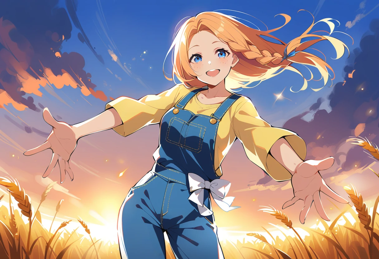 sparkle, sunbeam, light rays, pewarnaan character, visual illustration, @ANN, aged up, 1girl, solo, (overalls), outdoors, sky, wheat, field, (blue overalls), smile, blue eyes, wheat field, looking at viewer, breasts, long sleeves, yellow shirt, orange hair, cowboy shot, collarbone, collared shirt, cleavage, denim, upper teeth only, blonde hair, very long hair, medium breasts, forehead, standing, braided ponytail, single braid, teeth, oversized clothes, medium hair, short hair, partially unbuttoned, pants, oversized shirt, buttons, head tilt, flat chest, hair ribbon, white bow, tomboy, round teeth, plaid shirt, denim overalls, mature female, tall, tall female, slim body, freckles, twilight, cloudy sky, scenery, reaching, grass, floating hair, sunset, cloud, scenery, highres, 4k, 8k, ann \(harvest moon\), ran \(bokujou monogatari\)