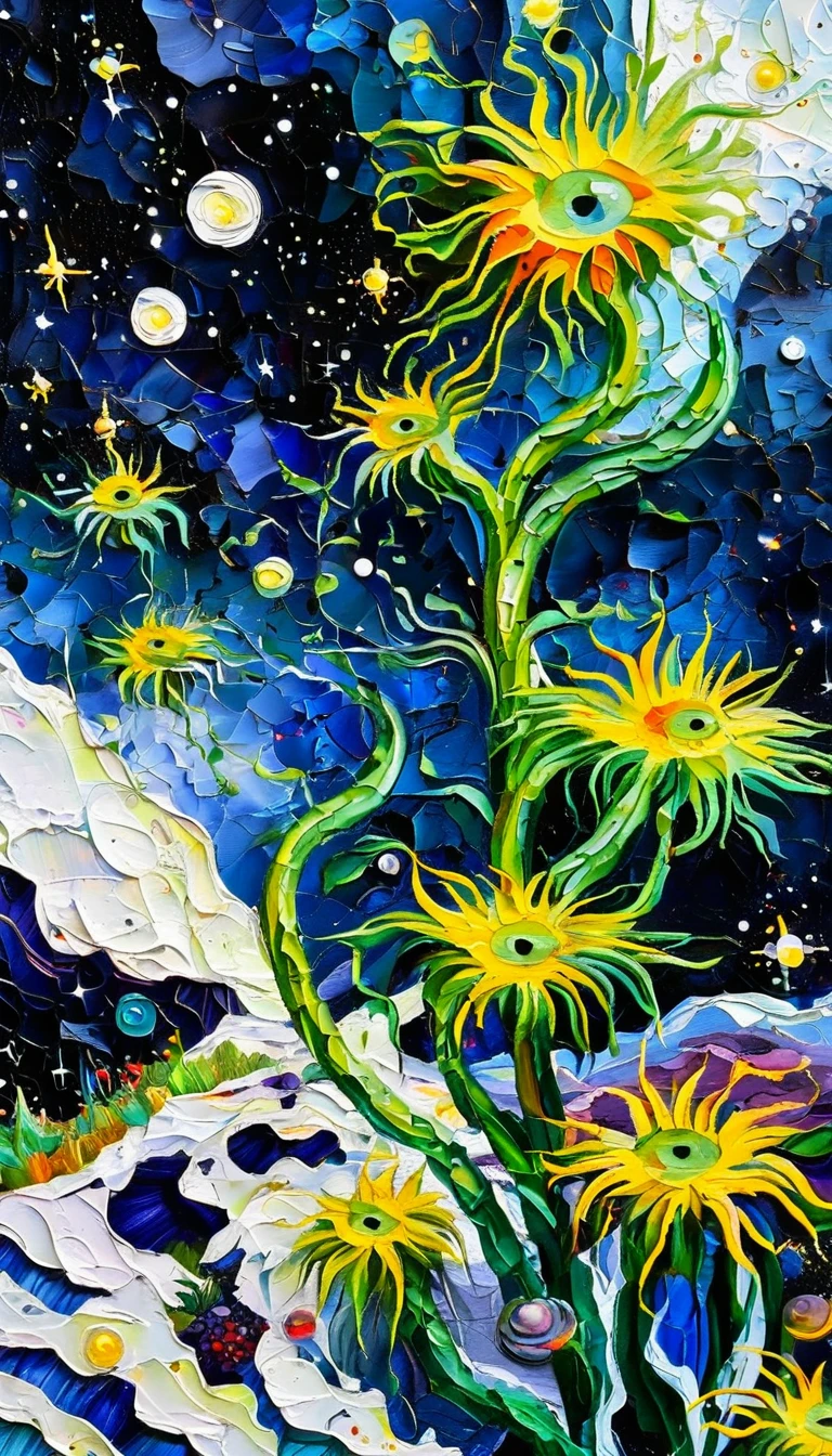 Impasto oil painting,Stacked Textures,Texture,Light and Shadow:microorganism、plant、Marine life、Exquisite eyes、Starry Sky,Stitching together an abstract painting,Describing the inner world of autistic people,3D spatial sense,White Space,interesting,Innocence,Psychedelic Art,Strong contrast between light and dark