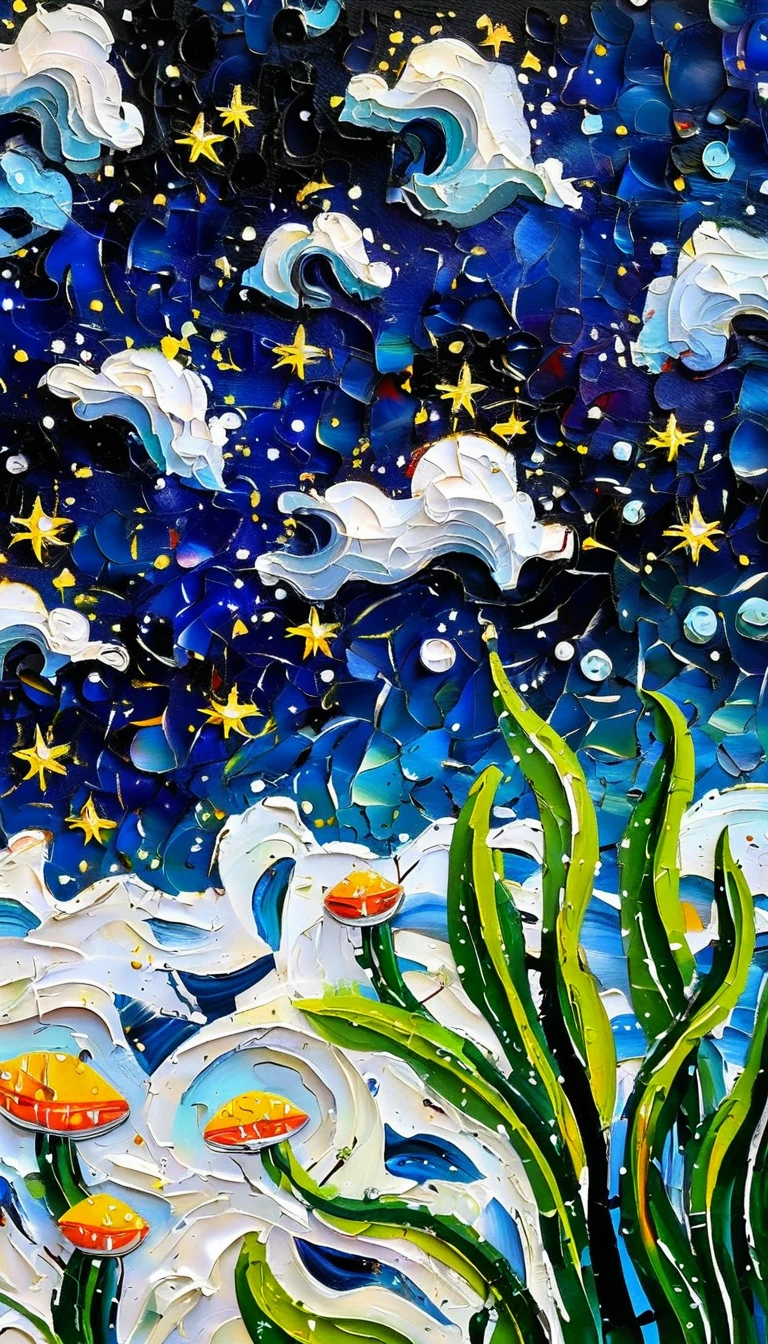 Impasto oil painting，Stacked Textures，Texture，Light and Shadow：microorganism、plant、Marine life、Exquisite eyes、Starry Sky，Stitching together an abstract painting，Describing the inner world of autistic people，3D spatial sense，White Space，interesting，Innocence，Psychedelic Art，Strong contrast between light and dark