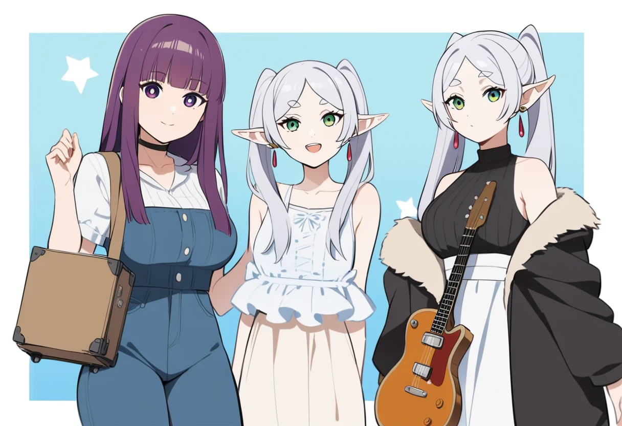 masterpiece,best quality,1boy, 2girls, fern \(sousou no frieren\), frieren, stark \(sousou no frieren\), feet out of frame, holding bass and guitar, looking at viewer, smile, closed mouth, open mouth, black jacket, tanktop,frayed denim,sunglasses,earrings,highres, invisible chair, sousou no frieren, suitcase