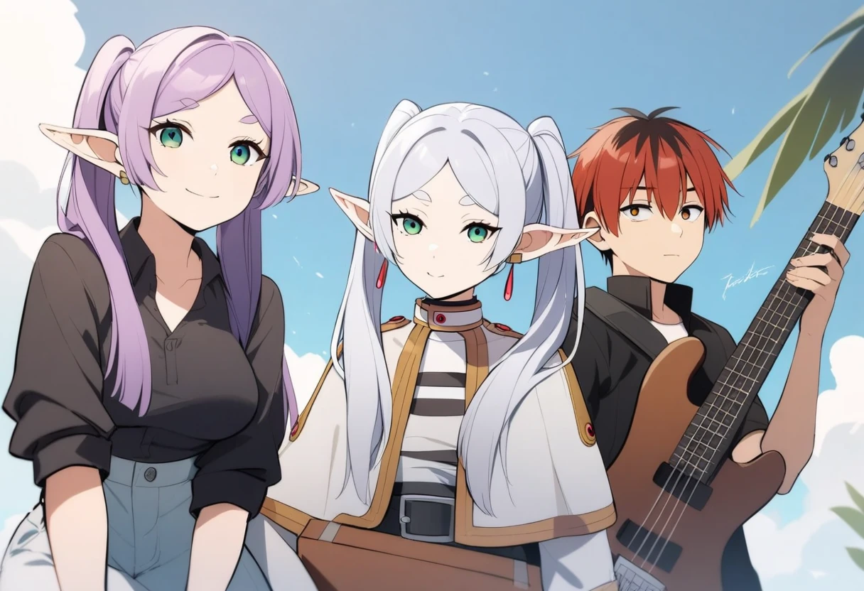 masterpiece,best quality,1boy, 2girls, fern \(sousou no frieren\), frieren, stark \(sousou no frieren\), feet out of frame, holding bass and guitar, looking at viewer, smile, closed mouth, open mouth, black jacket, tanktop,frayed denim,sunglasses,earrings,highres, invisible chair, sousou no frieren, suitcase