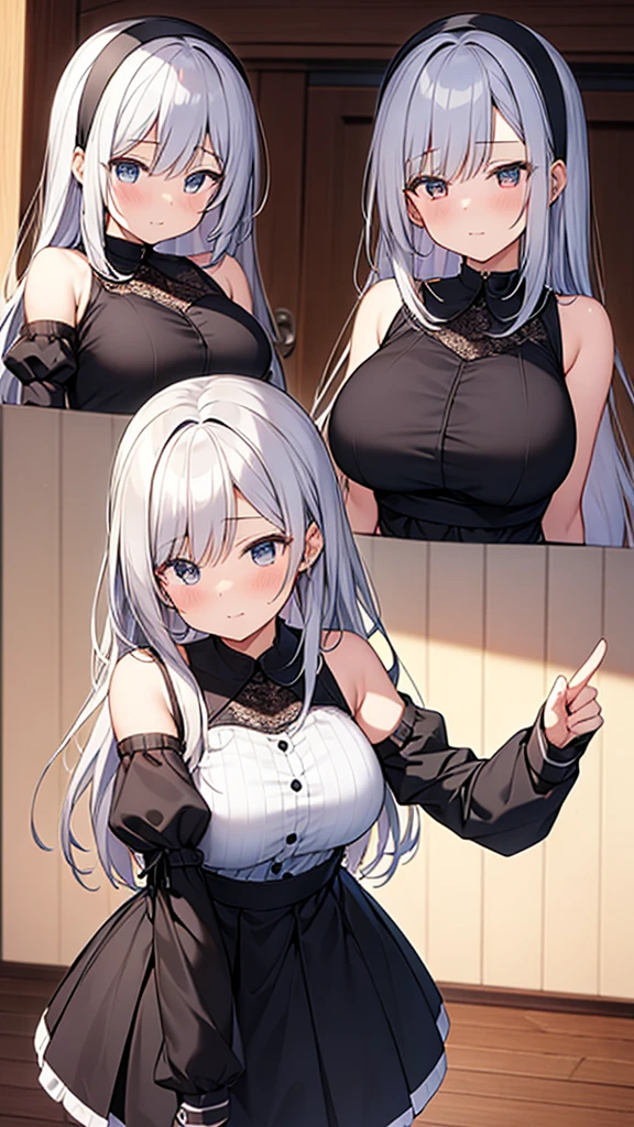((masterpiece)), (Highest quality、32k), (Simple style), ONE Girls, メイド1人だけ, Big Breasts, Big Swing Chest, Wearing a face stolen from someone else, えろい体, Sleeveless, No sleeve, Off the shoulder, Black Dress, Pleated lace, Lace dress, black knee socks. Standing, whole body, 顔を触ってる, Luxurious Room, {{The maid who stole the face of the young lady}}, Browsing Caution
