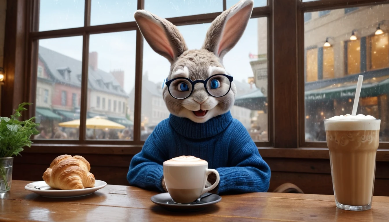 A magical and detailed fantasy scene featuring an anthropomorphic rabbit with sapphire blue eyes, dressed in a cozy, oversized sweater and jeans, sitting up straight at a window seat in a city café. The rabbit, appearing to be in its early twenties, has a four-heads-tall proportion, a face with large, almond-shaped eyes, and a soft, smiling expression. The rabbit is wearing a pair of round glasses and is listening to music through headphones while reading a book. On the table in front of the rabbit are a latte and a croissant, with other customers relaxing around. The cozy atmosphere inside contrasts with the rain pouring down outside. The scene is filled with delicate details and a soft, painterly quality, combining enchanting fairy tale elements with the depth and realism of epic fantasy landscapes, glossy, real, raw cinematic photorealism, action portrait, 8k, detailed, full frame.