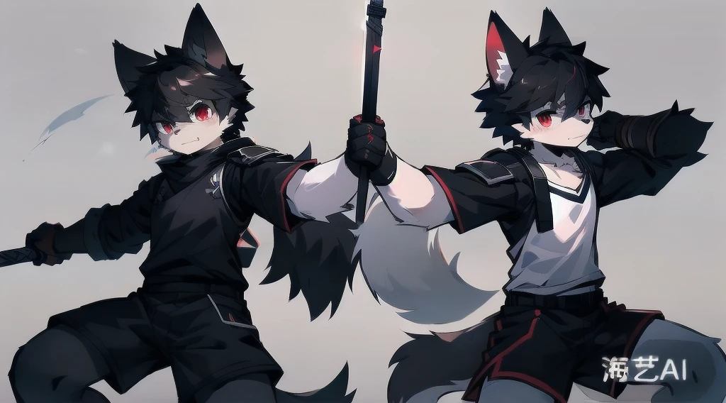 White Wolf,black hair,Red eyes,Wolf ears,Wolf Tail,juvenile,male,hairy,Hair,Half body armor,Combat uniform,Silver and black clothing,Handsome,Handsome,shorts,The forearm is exposed,leg,Fighting Stance,Duel,Two people,Anxious,Armed with a sword,Simple background,Swords