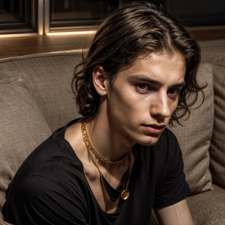 A realistic character. A young man of 28 years, thin and pale, with abundant hair, with defined brown curls, Brown eyes, haggard, red and dry full lips. little one{freckles on her cheekbones and nose. angular face, Slim neck. He wears a loose black Nirvana T-shirt and a delicate gold necklace around his neck.. His clavicle bones peek out from the stretched collar of his T-shirt.. Equally black and baggy pants. sad and deep look. He is sitting on a couch in the middle of a party.