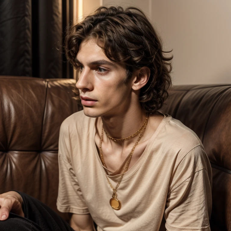 A realistic character. A young man of 28 years, thin and pale, with abundant hair, with defined brown curls, Brown eyes, haggard, red and dry full lips. little one{freckles on her cheekbones and nose. angular face, Slim neck. He wears a loose black Nirvana T-shirt and a delicate gold necklace around his neck.. His clavicle bones peek out from the stretched collar of his T-shirt.. Equally black and baggy pants. sad and deep look. He is sitting on a couch in the middle of a party.