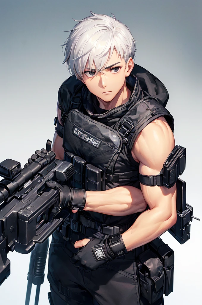 (masterpiece; best quality: 1.2), (finely detailed eyes: 1.3), ((25 year old man)), ((solo)), (black eyes: 1.4), (body; wiry, fit, masculine: 1.3), (short white hair: 1.3), (beautiful and clear background: 1.2), ((depth of field)), (equipment: spec ops full black tactical gear + black gloves + holstered gun + pouches: 1.3), (anime illustration: 1.2), (background composition; military base office: 1.1), (extremely fine and handsome: 1.1), (shot composition; standing + centered on torso + close-up: 1.5), (expression; calm, stoic: 1.2)