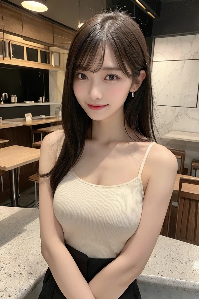(8k, RAW photo, top quality, masterpiece: 1.2), (realistic, photorealistic: 1.37), three-dimensional, ultra detail, ultra high resolution, one girl, beholder, beautiful detailed face, smile, constriction, (slim waist), beautiful detailed skin, skin texture, floating hair, professional lighting, Japanese beautiful girl, medium hair, beautiful hair, 20 years old, attractive breasts, (huge breasts:1.2), full body from toes to head, standing, Shift gaze away, gaze into the distance, Sibuya city, in the cafe, slightly smiles, bracelet, earing, beige slacks, inner tight camisole, black camisole, (outer front-open see-through shirts:1.2), belt, bare navel