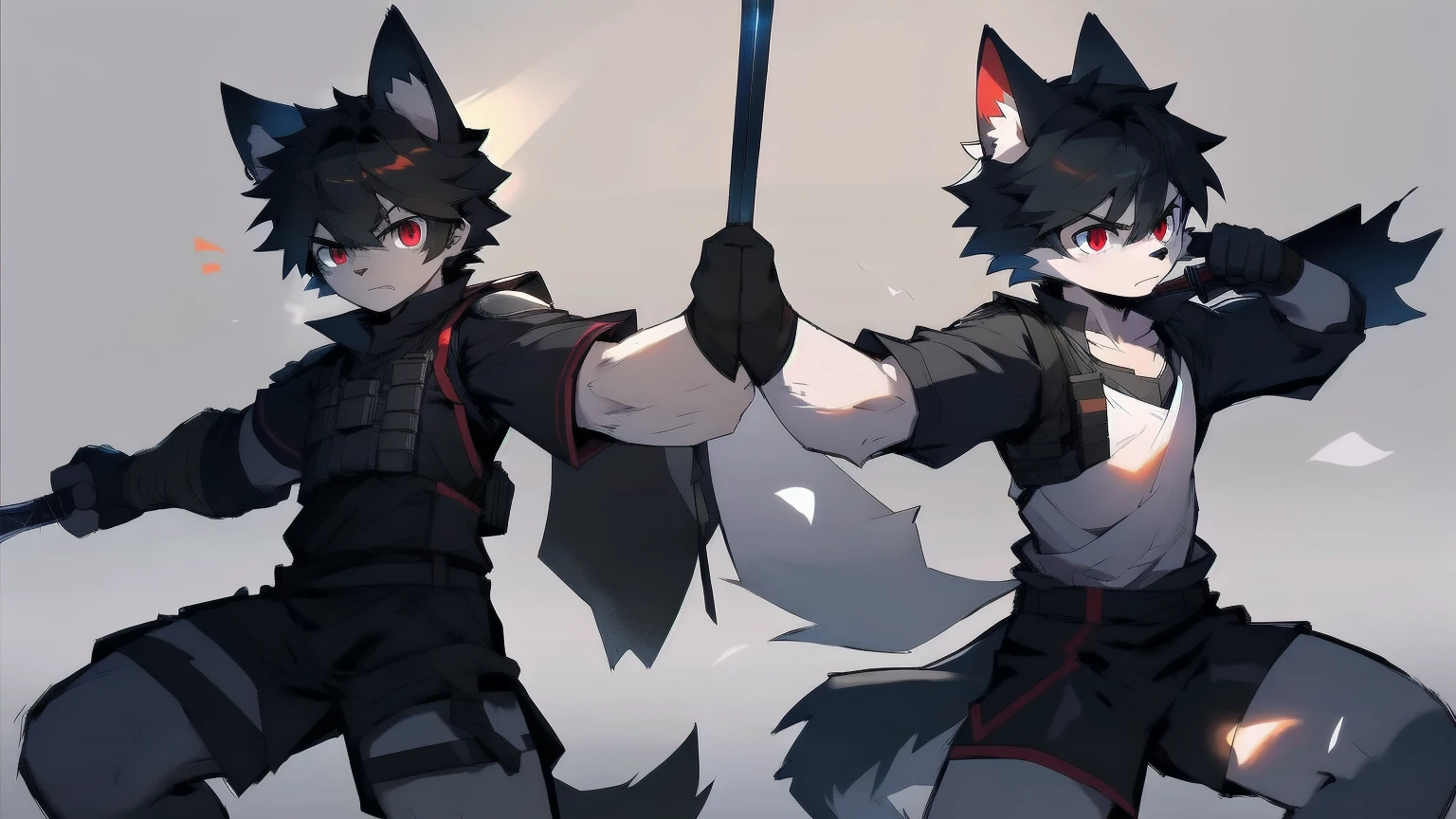 White Wolf，black hair，Red eyes，Wolf ears，Wolf Tail，juvenile，male，hairy，Hair，Half body armor，Combat uniform，Silver and black clothing，Handsome，Handsome，shorts，The forearm is exposed，leg，Fighting Stance，Duel，Two people，Anxious，Armed with a sword，Simple background，Swords