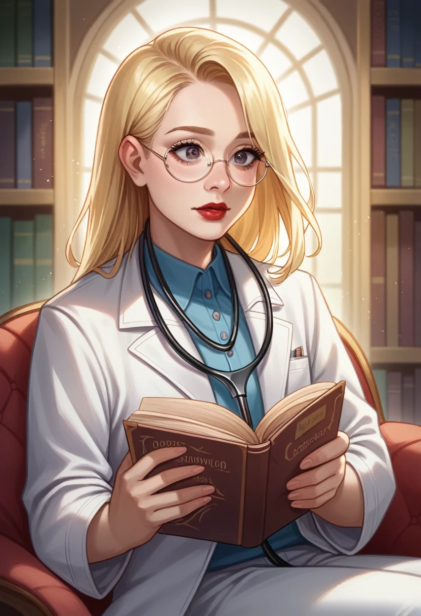 (best quality, ultra details), a girl reading a nursing book , beautiful detailed eyes, (eyes browns:), beautiful detailed red lips, study, a quiet library, soft natural lighting, Shelves full of books, reading glasses, concentrated expression, Round face, mid sisa body, (best quality, ultra details), a girl reading a nursing book , beautiful detailed eyes, (eyes browns:1.2), beautiful detailed red lips,long eyelashes, study, a quiet library, soft natural lighting, Shelves full of books, reading glasses, concentrated expression, Round face,body hair (best quality, ultra details), one reading a nursing book , beautiful detailed eyes, (eyes browns:1.2), beautiful detailed red lips,long eyelashes, study, a quiet library, soft natural lighting, Shelves full of books, reading glasses, concentrated expression, Round face,body hair solto, (hair blonde:1.3), looking 35 years old, white coat and white pants, stethoscope around the neck,high resolution image, bright coloured, Ultra-realistic, photorrealistic, fot, photogenic, bokeh. looking 35 years old, white coat and white pants, stethoscope around the neck,high resolution image, bright coloured, Ultra-realistic, photorrealistic, fot, photogenic, bokeh., (hair blonde:1.3), looking 35 years old, white coat and white pants, stethoscope around the neck,high resolution image, bright coloured, Ultra-realistic, photorrealistic, fot, photogenic, bokeh.