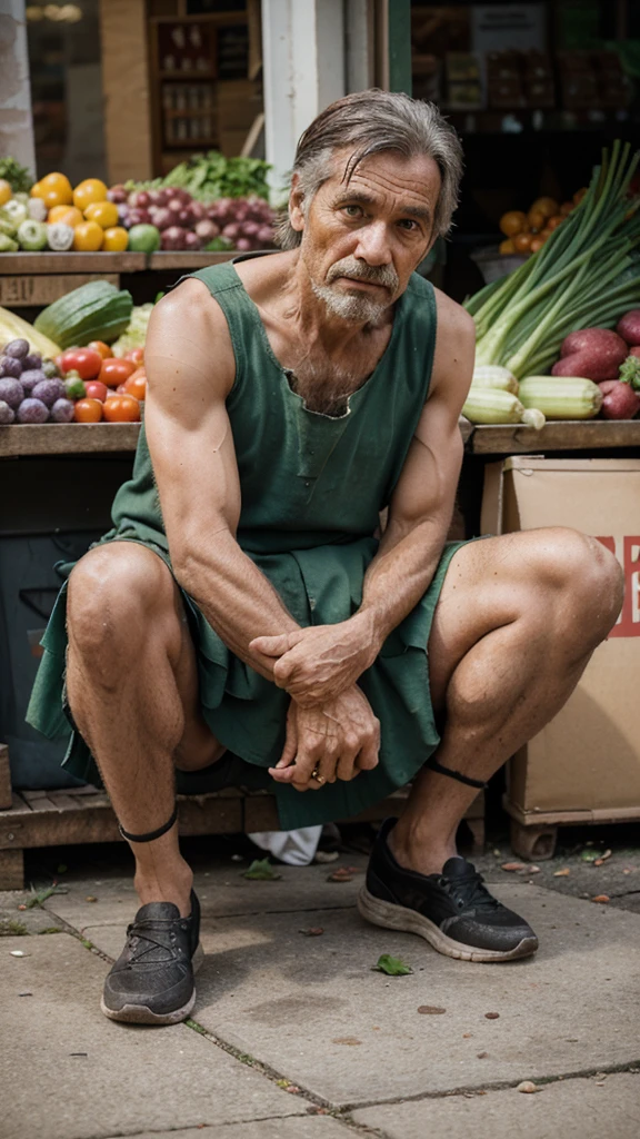 Beggar man 50 years old sit with legs squatting next to a vegetable traditional public market, torn dress, dirty skins,